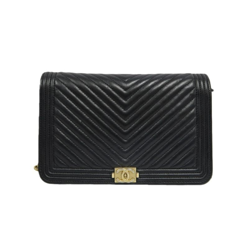 CHANEL Boy Chanel V-Stitch Shoulder Bag, Lambskin, Black with Gold-Tone Hardware