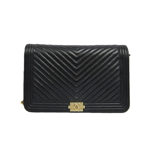CHANEL Boy Chanel V-Stitch Shoulder Bag, Lambskin, Black with Gold-Tone Hardware