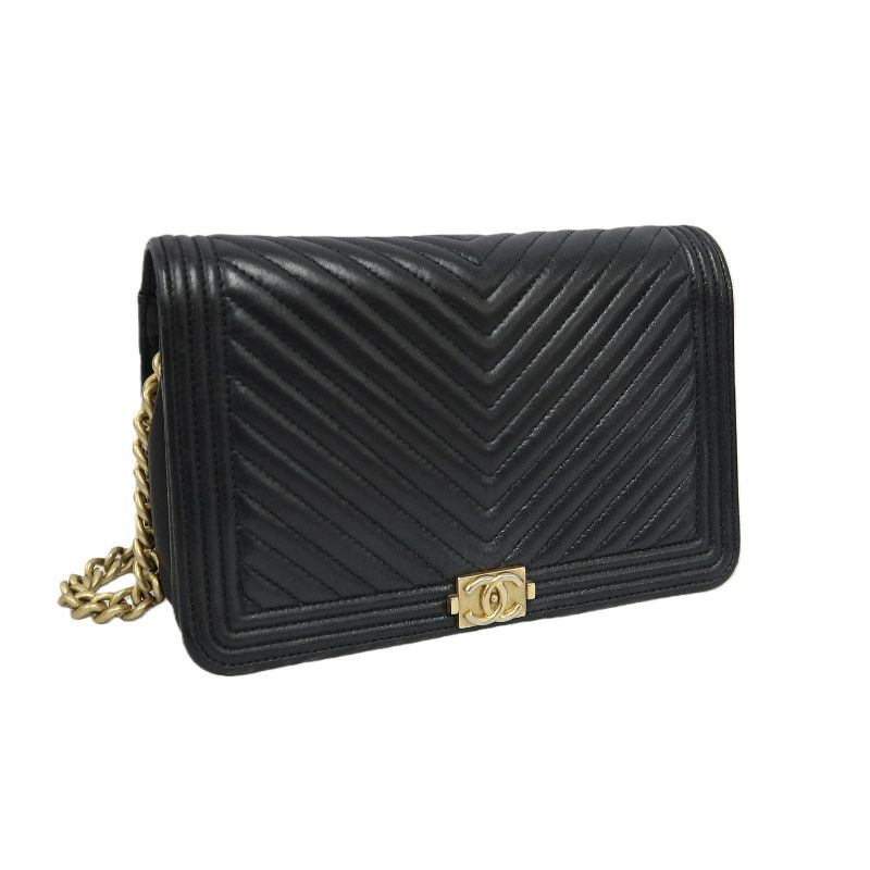 CHANEL Boy Chanel V-Stitch Shoulder Bag, Lambskin, Black with Gold-Tone Hardware