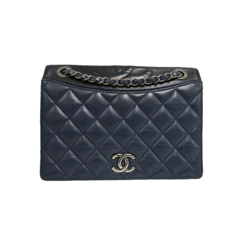 CHANEL Matelassé Flap Shoulder Bag, Lambskin, Navy, Silver Hardware