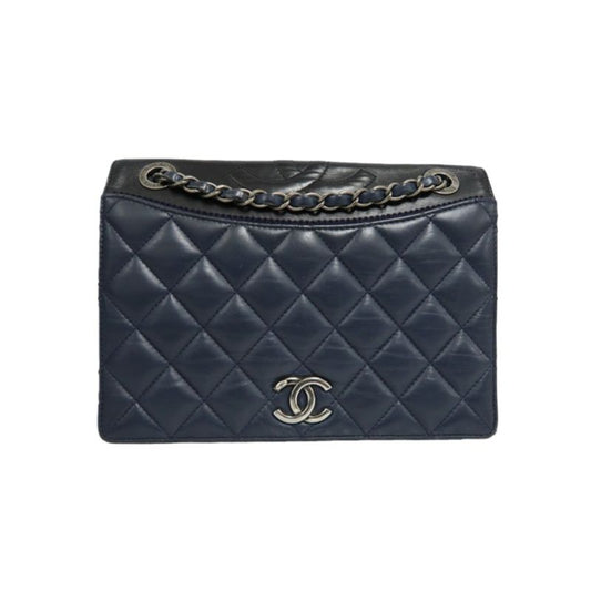 CHANEL Matelassé Flap Shoulder Bag, Lambskin, Navy, Silver Hardware