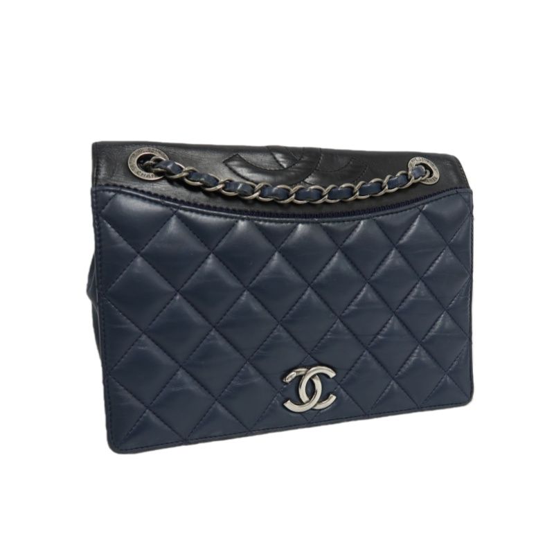 CHANEL Matelassé Flap Shoulder Bag, Lambskin, Navy, Silver Hardware