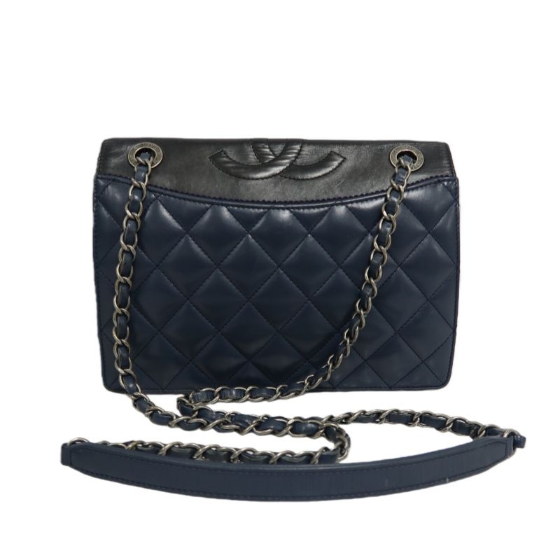 CHANEL Matelassé Flap Shoulder Bag, Lambskin, Navy, Silver Hardware