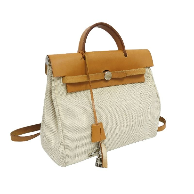 HERMES Herbag Ado PM, Canvas, Backpack & Handbag, Beige/Brown, with Padlock, 2 Keys, Clochette, Extra Inner Bag and Stopper