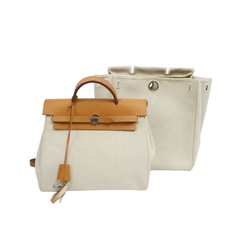 HERMES Herbag Ado PM, Canvas, Backpack & Handbag, Beige/Brown, with Padlock, 2 Keys, Clochette, Extra Inner Bag and Stopper