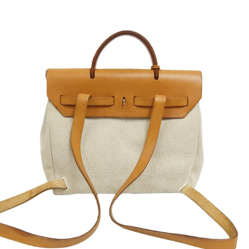 HERMES Herbag Ado PM, Canvas, Backpack & Handbag, Beige/Brown, with Padlock, 2 Keys, Clochette, Extra Inner Bag and Stopper