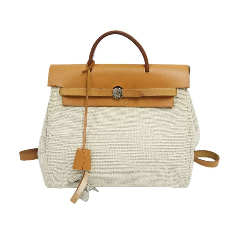 HERMES Herbag Ado PM, Canvas, Backpack & Handbag, Beige/Brown, with Padlock, 2 Keys, Clochette, Extra Inner Bag and Stopper