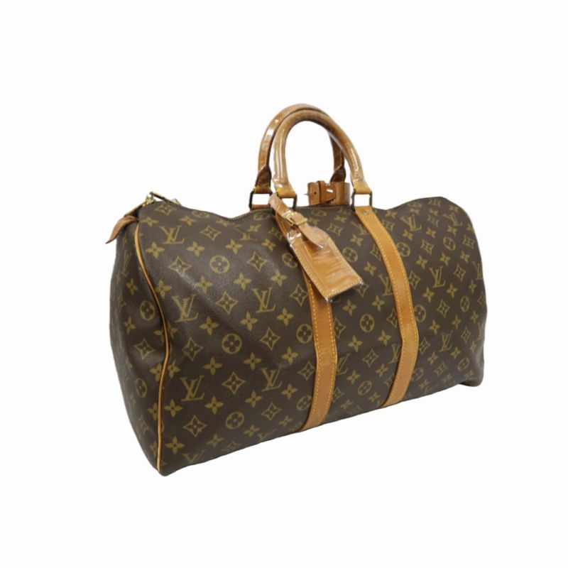 LOUIS VUITTON Keepall 45, Monogram Coated Canvas, Boston Travel & Handbag, Brown, with Name Tag and Pochette