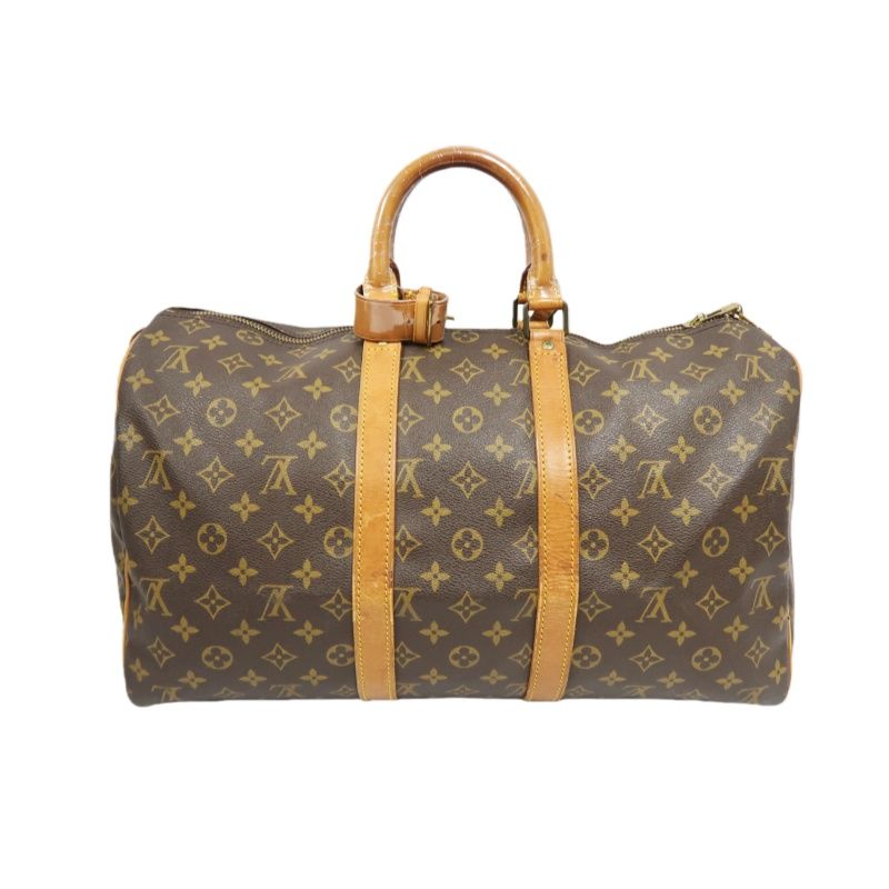 LOUIS VUITTON Keepall 45, Monogram Coated Canvas, Boston Travel & Handbag, Brown, with Name Tag and Pochette