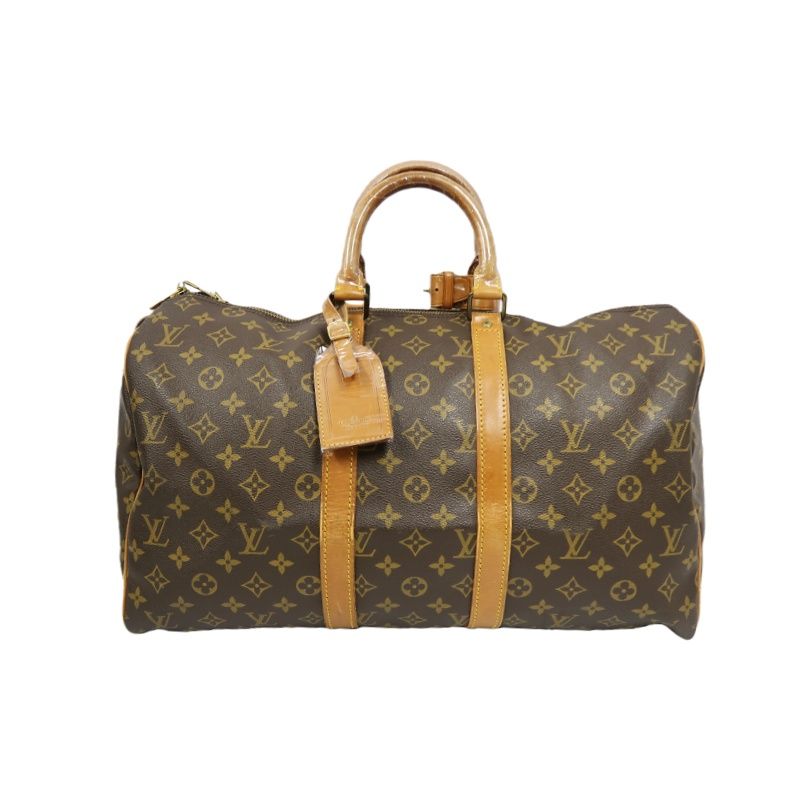 LOUIS VUITTON Keepall 45, Monogram Coated Canvas, Boston Travel & Handbag, Brown, with Name Tag and Pochette