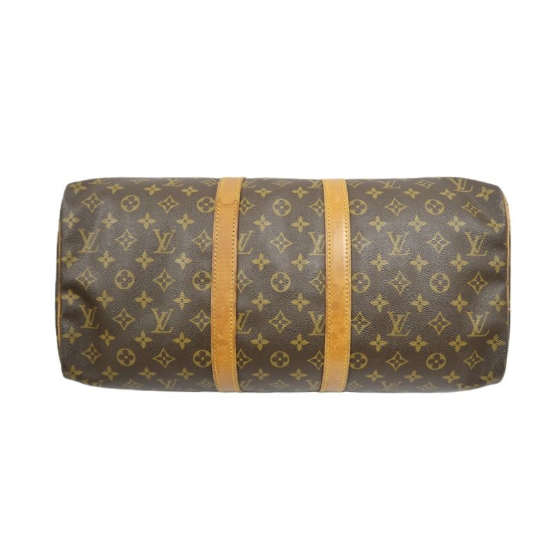 LOUIS VUITTON Keepall 45, Monogram Coated Canvas, Boston Travel & Handbag, Brown, with Name Tag and Pochette