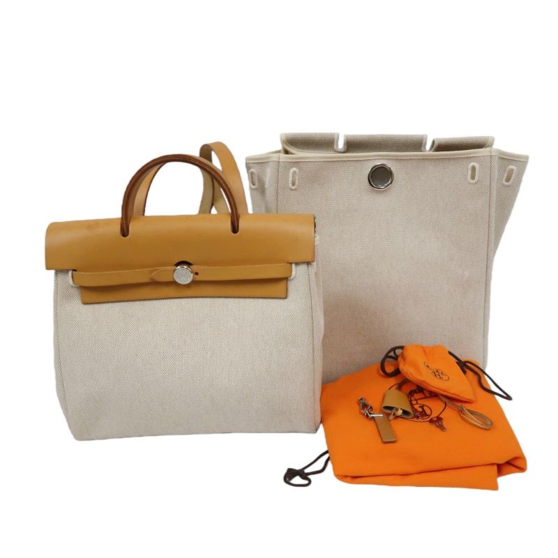 HERMES Beige & Brown Herbag Handbag (With 2 Dust Bags, 2 Padlocks & Keys, Clochette, Extra Bag & Shoulder Strap, Full Box, Canvas)