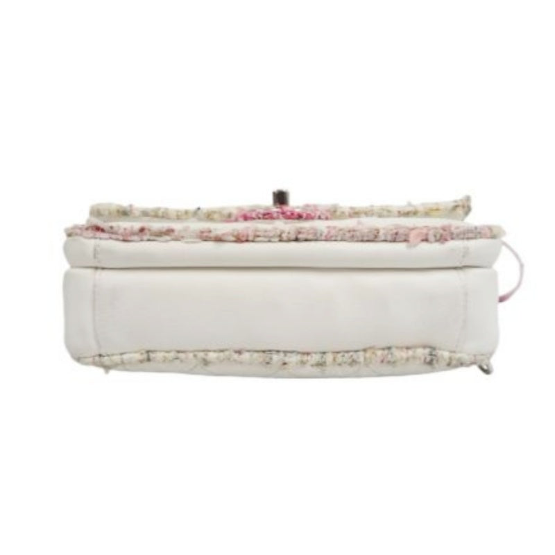 CHANEL Classic Flap (CF) Chain Shoulder Bag, White Lambskin Leather, Pink Tweed Piping, Silver Hardware