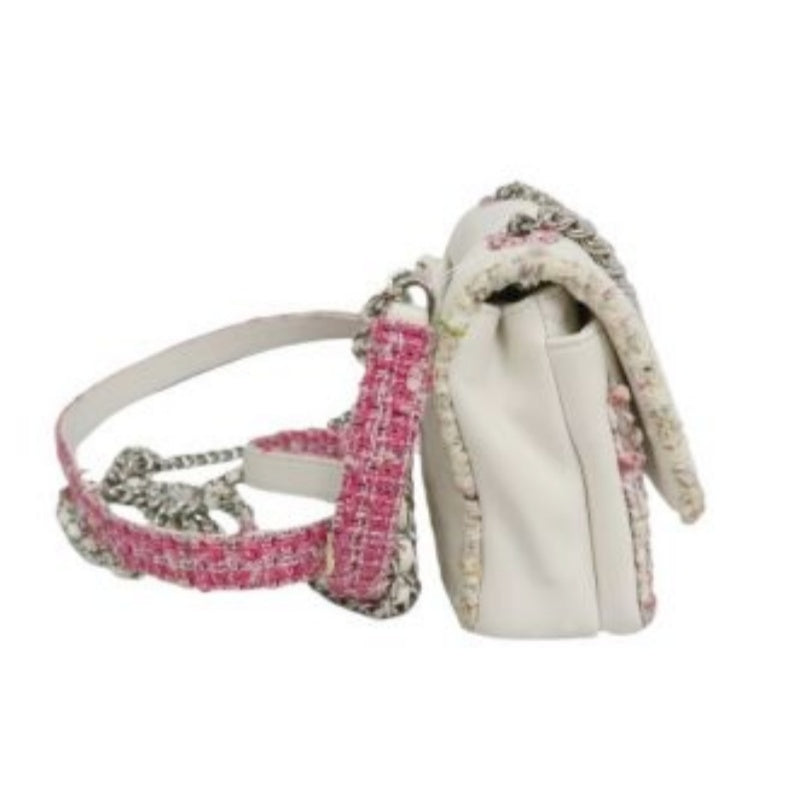 CHANEL Classic Flap (CF) Chain Shoulder Bag, White Lambskin Leather, Pink Tweed Piping, Silver Hardware