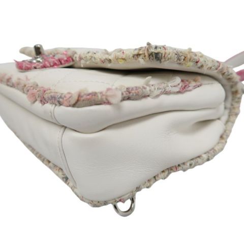 CHANEL Classic Flap (CF) Chain Shoulder Bag, White Lambskin Leather, Pink Tweed Piping, Silver Hardware