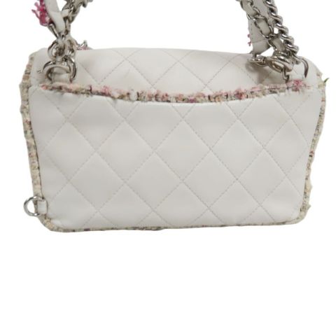 CHANEL Classic Flap (CF) Chain Shoulder Bag, White Lambskin Leather, Pink Tweed Piping, Silver Hardware
