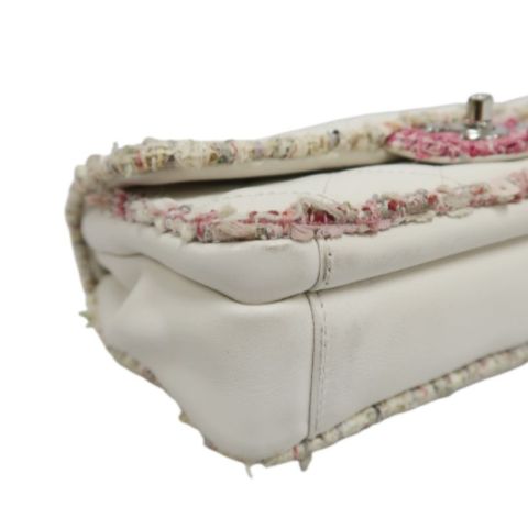 CHANEL Classic Flap (CF) Chain Shoulder Bag, White Lambskin Leather, Pink Tweed Piping, Silver Hardware