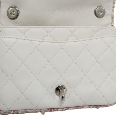 CHANEL Classic Flap (CF) Chain Shoulder Bag, White Lambskin Leather, Pink Tweed Piping, Silver Hardware