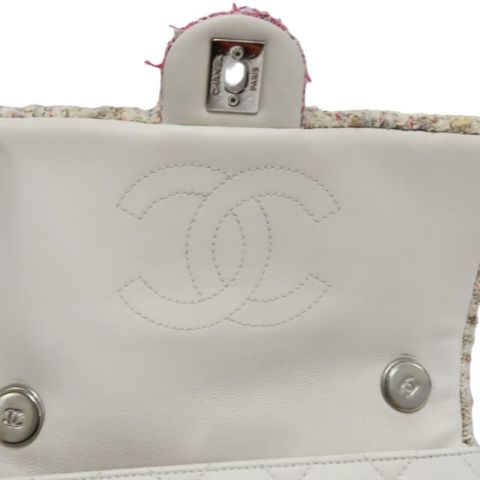 CHANEL Classic Flap (CF) Chain Shoulder Bag, White Lambskin Leather, Pink Tweed Piping, Silver Hardware