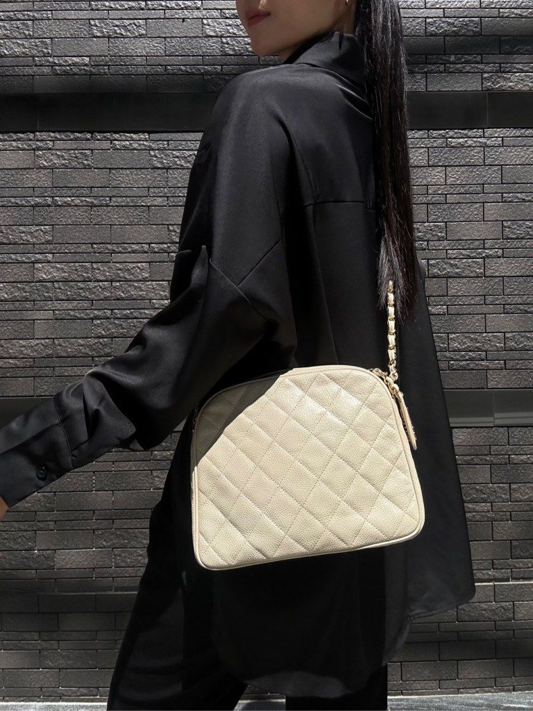 CHANEL White Caviar Leather Quilted Coco Mark Chain Shoulder Crossbody Bag with Dust Bag & Silk Scarf