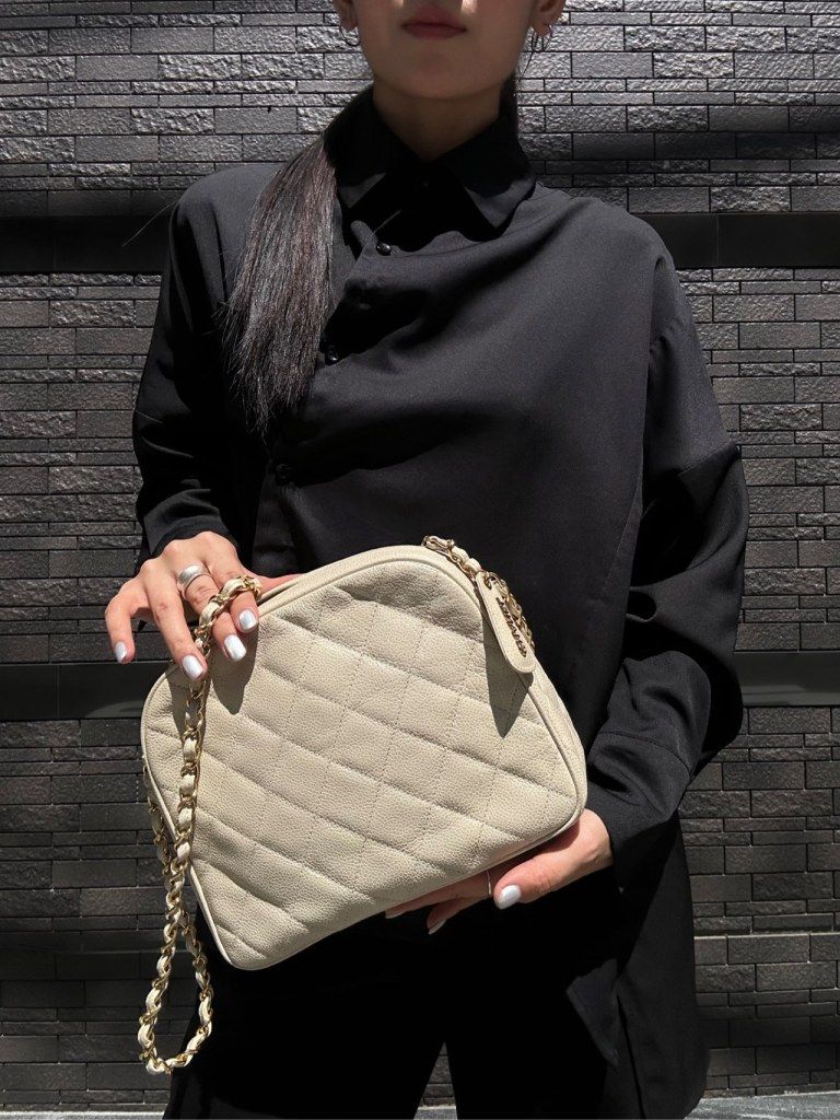 CHANEL White Caviar Leather Quilted Coco Mark Chain Shoulder Crossbody Bag with Dust Bag & Silk Scarf