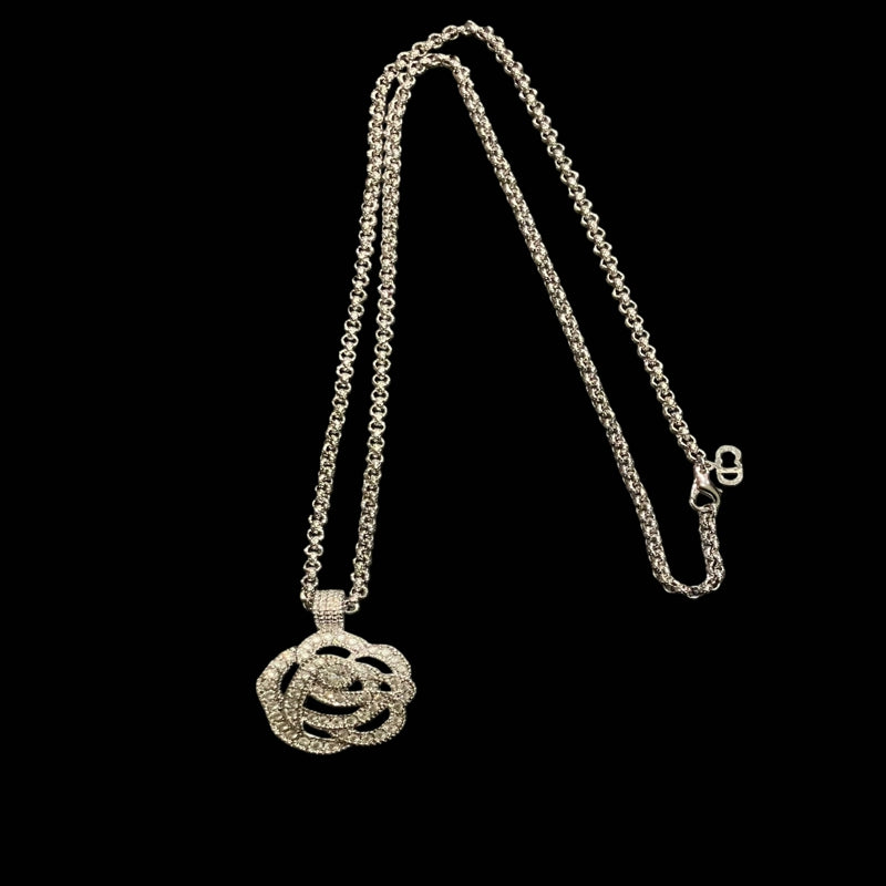 DIOR necklace, silver-tone alloy hardware, rhinestones, floral motif