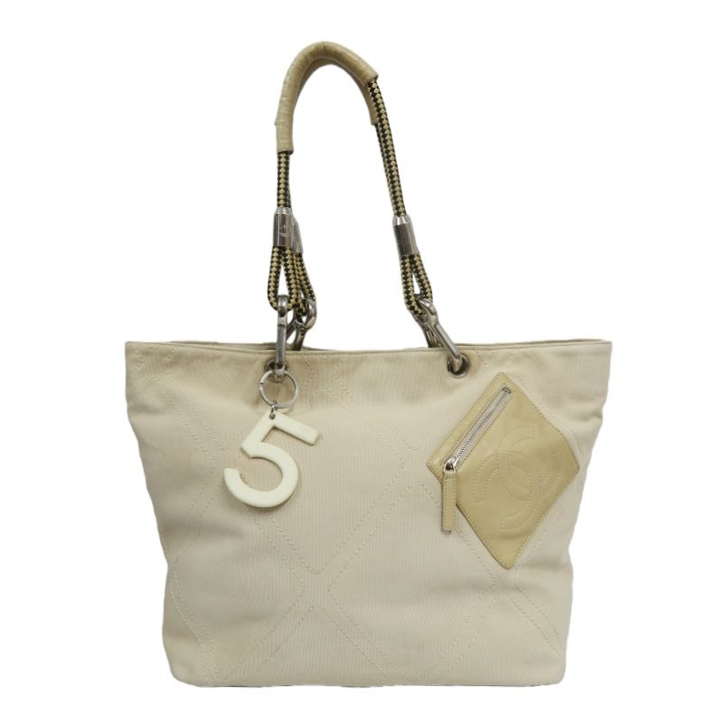 CHANEL Beige Canvas Tote Bag - W/ Guarantee Card & No.5 Charm