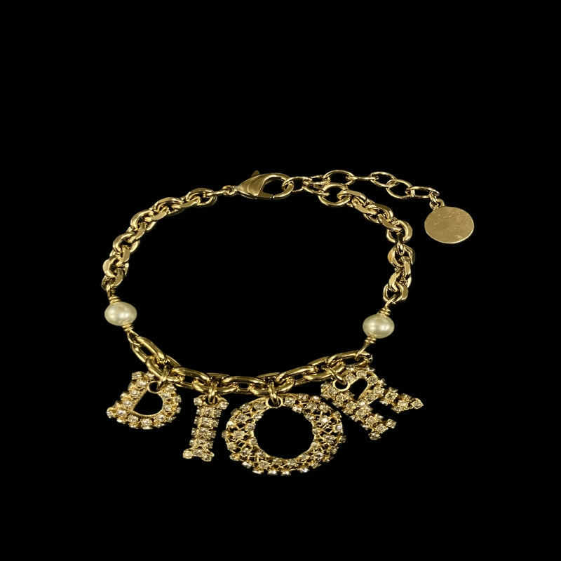 DIOR Logo Rhinestone Bracelet, Gold-tone Metal Fittings, Gold Alloy, Comes with Original Box