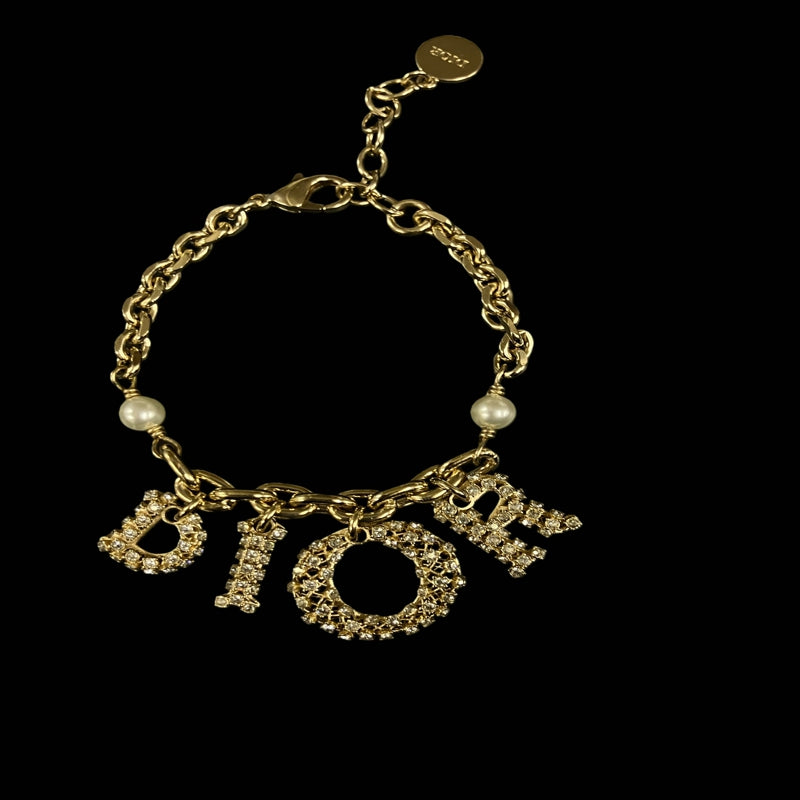 DIOR Logo Rhinestone Bracelet, Gold-tone Metal Fittings, Gold Alloy, Comes with Original Box
