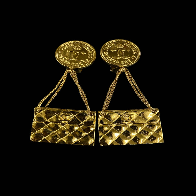 CHANEL Matelass¡§| Bag Motif Earrings, Gold-tone Metal Fittings, Gold Alloy, Comes with Original Box