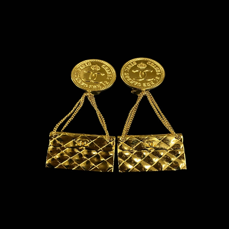 CHANEL Matelass¡§| Bag Motif Earrings, Gold-tone Metal Fittings, Gold Alloy, Comes with Original Box