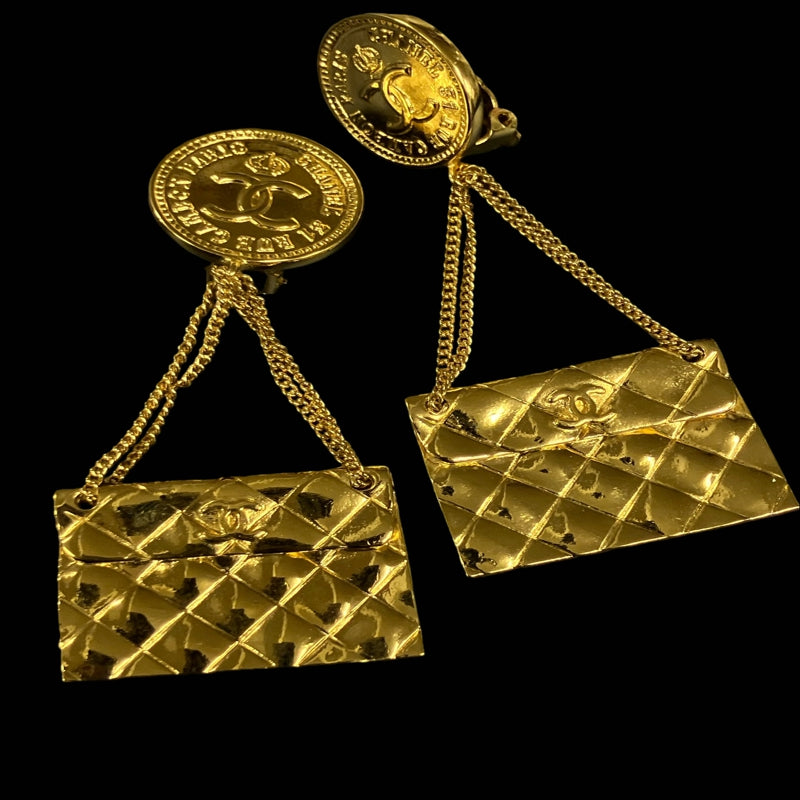 CHANEL Matelass¡§| Bag Motif Earrings, Gold-tone Metal Fittings, Gold Alloy, Comes with Original Box