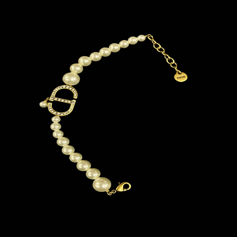 DIOR Faux Pearl Rhinestone Bracelet, Gold-tone Metal Fittings, Gold Alloy, Comes with Original Box