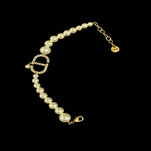 DIOR Faux Pearl Rhinestone Bracelet, Gold-tone Metal Fittings, Gold Alloy, Comes with Original Box