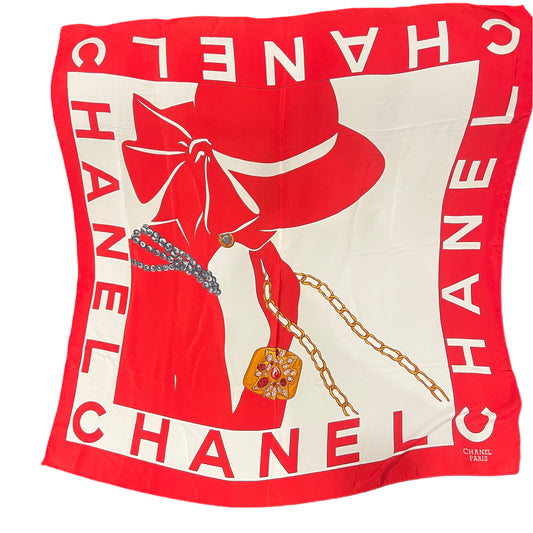 CHANEL Red and White Silk Scarf With Original Tag