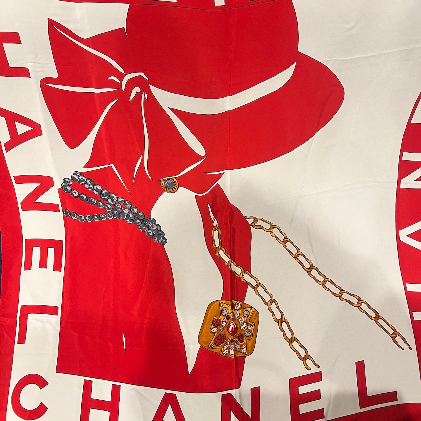 CHANEL Red and White Silk Scarf With Original Tag