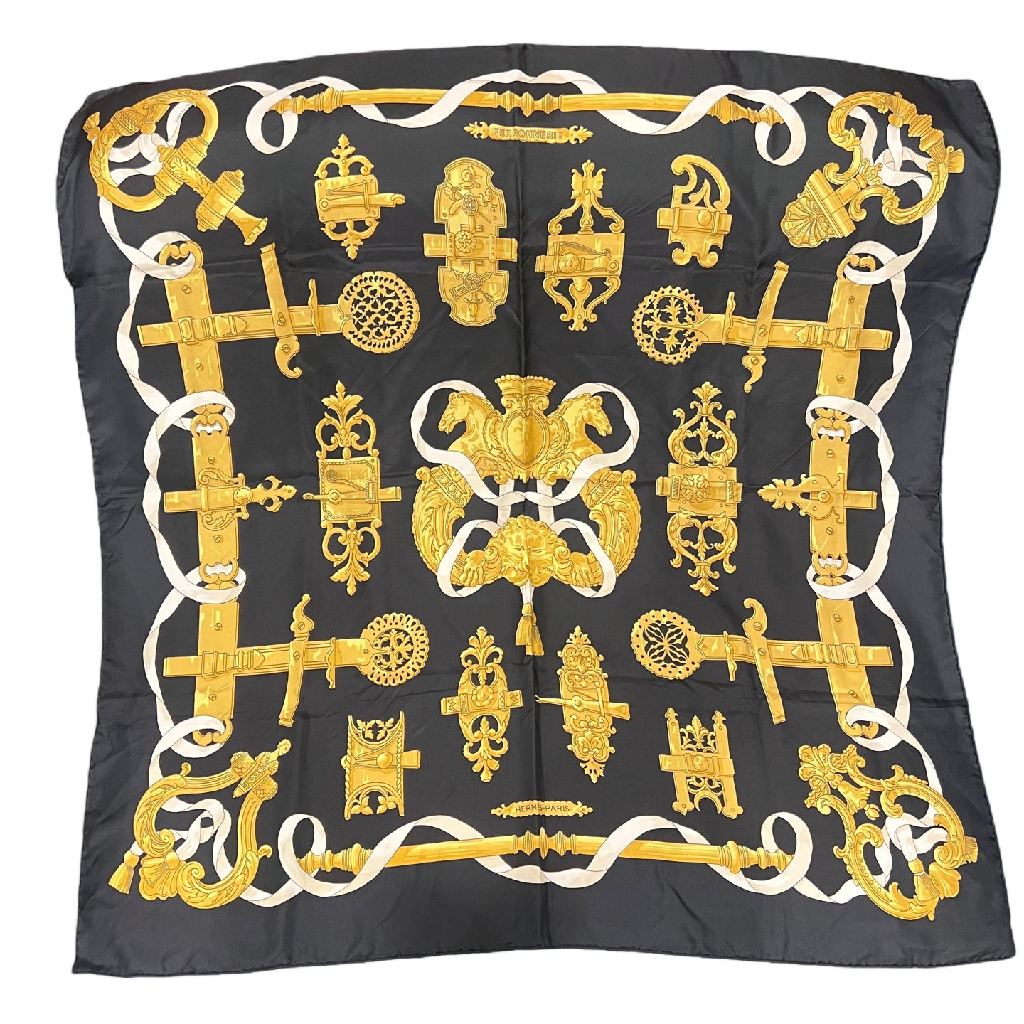 HERMES Black and Gold Silk Scarf With Original Tag And Box