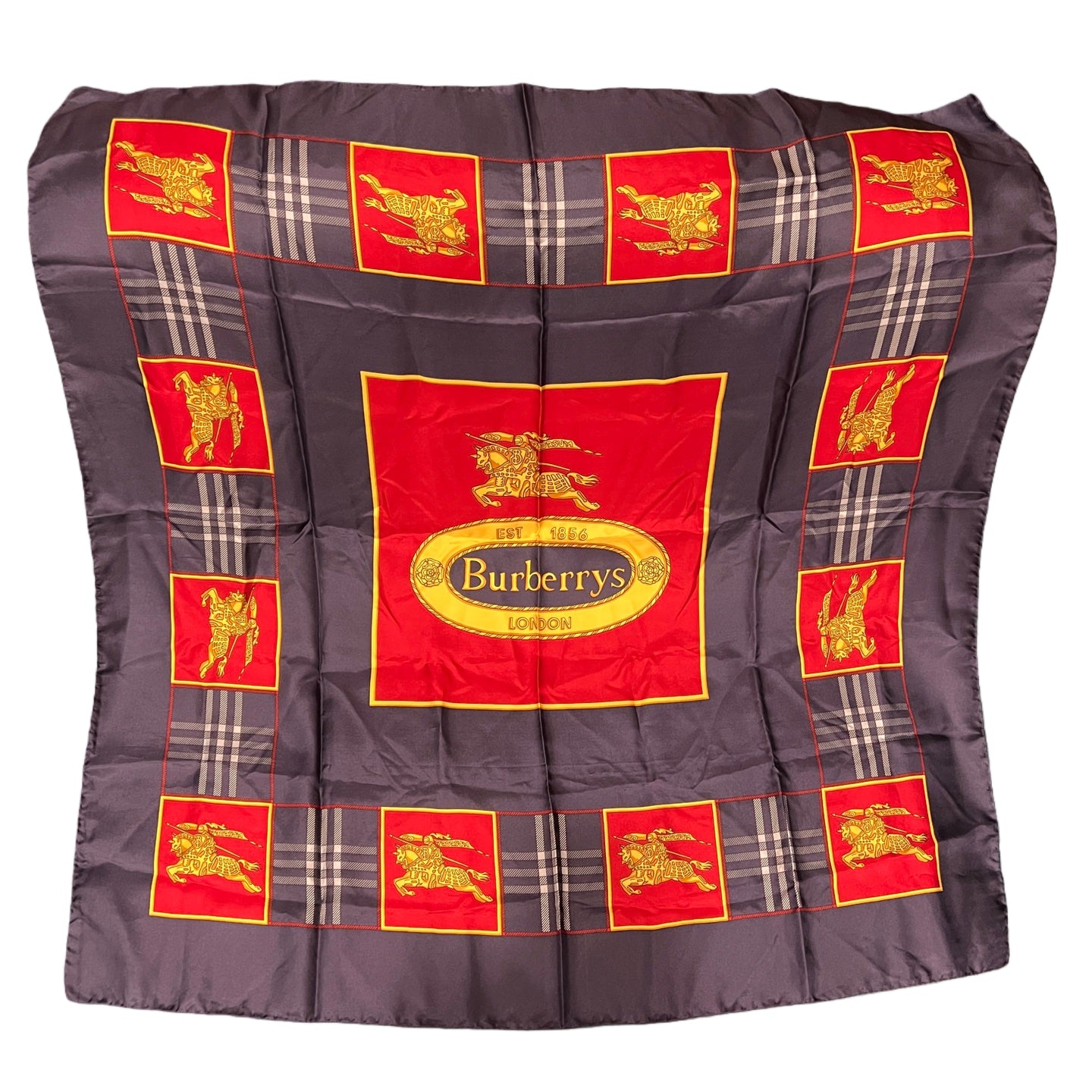 Burberry Navy and Red Silk Scarf With Original Tag