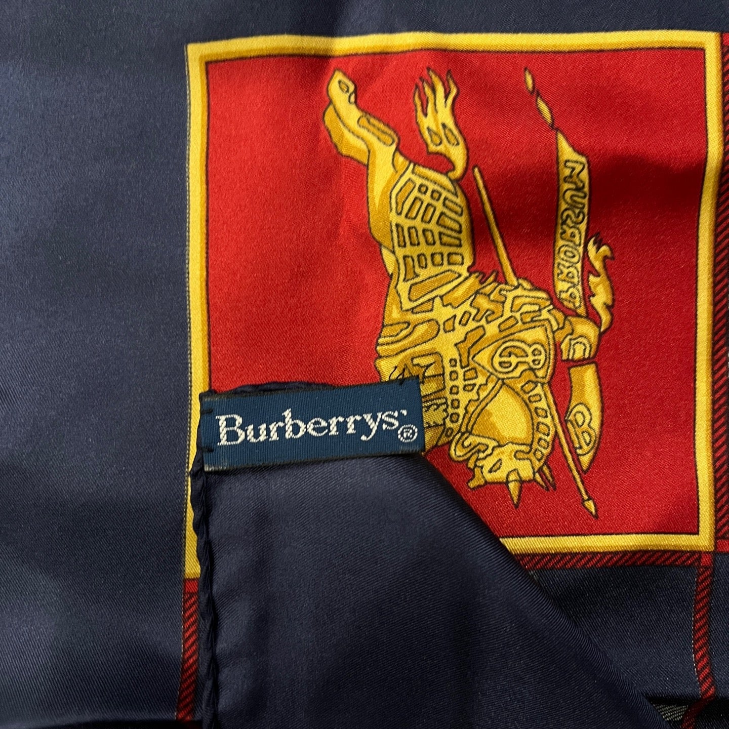 Burberry Navy and Red Silk Scarf With Original Tag