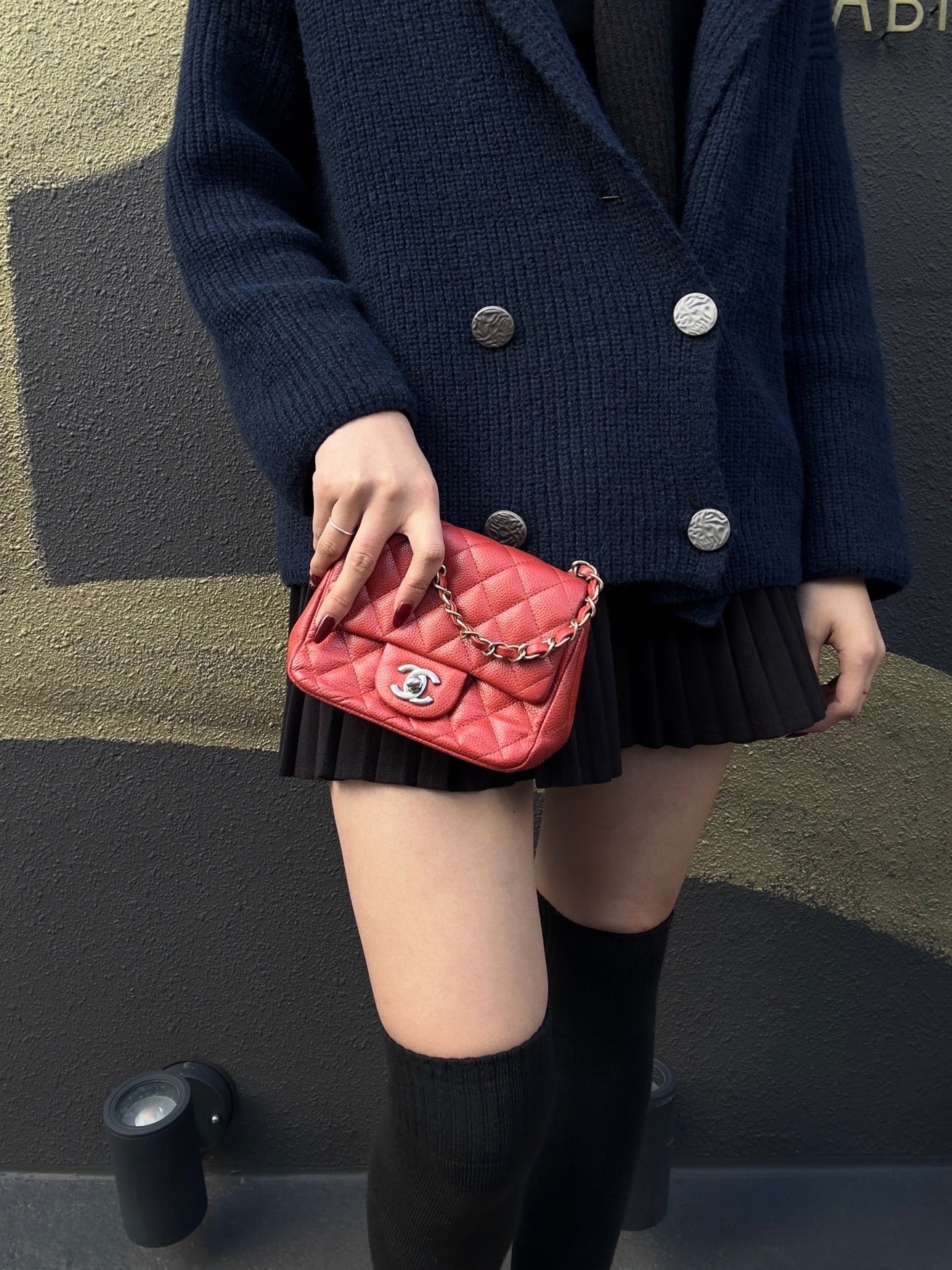 CHANEL Classic Flap Mini Matelassé Crossbody Bag, Caviar Skin, Red, Gold Hardware