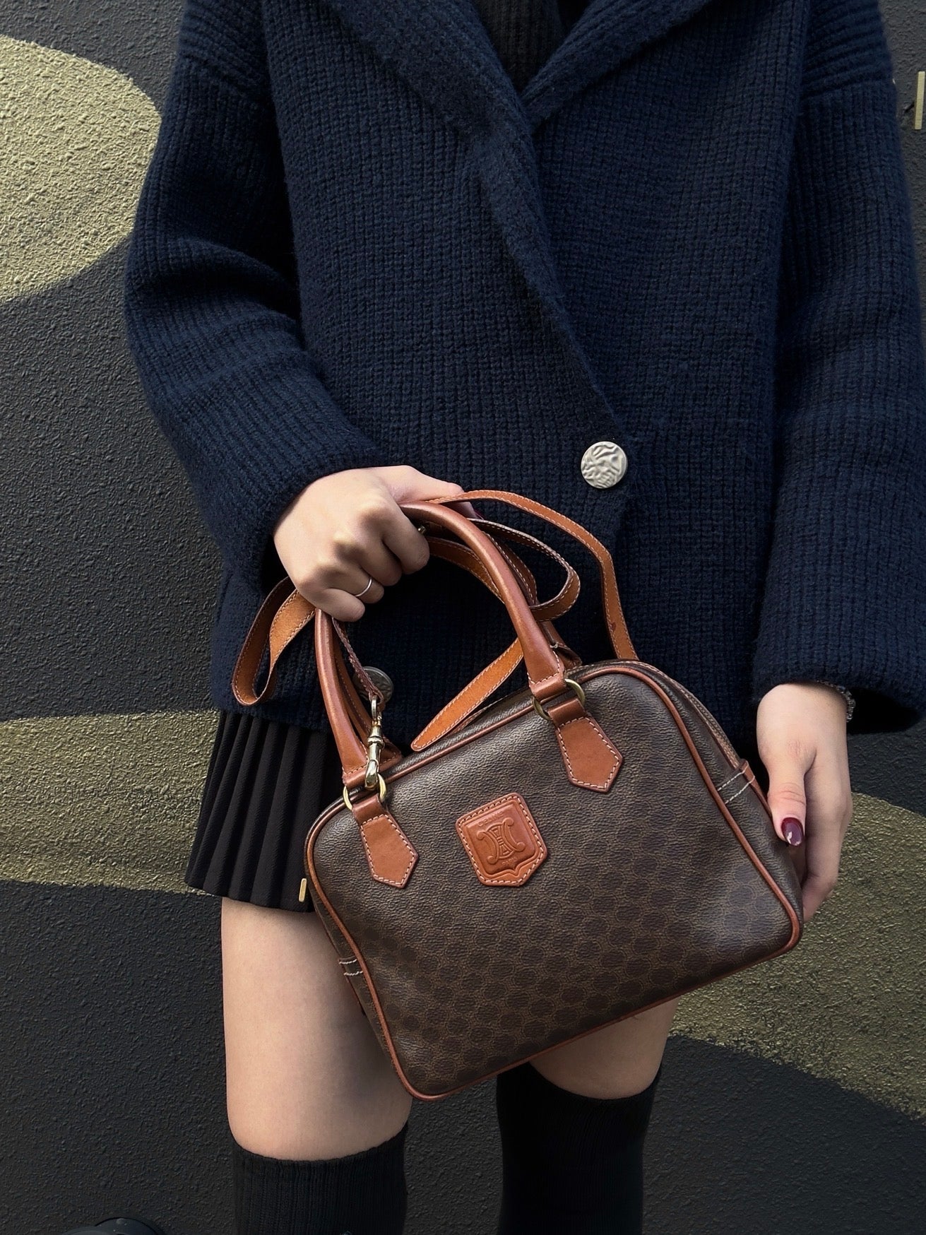 CELINE Macadam 2-Way Mini Boston Bag Brown Coated Canvas - W/ Shoulder Strap