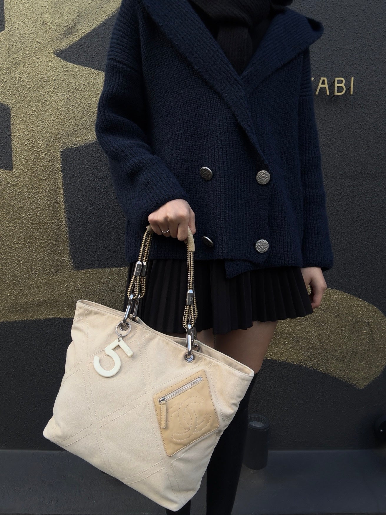 CHANEL Beige Canvas Tote Bag - W/ Guarantee Card & No.5 Charm