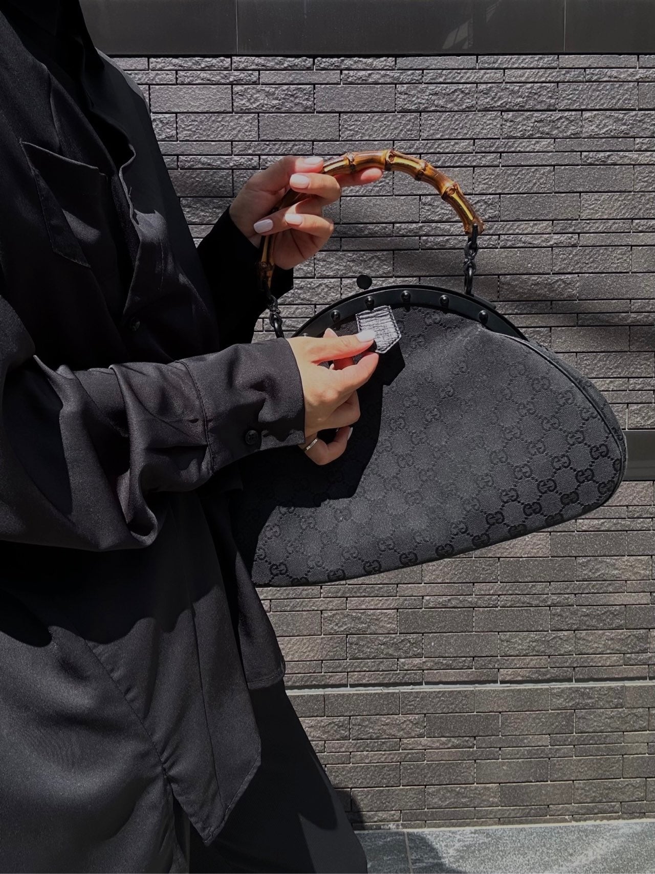 GUCCI Black GG Supreme Canvas Bamboo Top Handle Bag