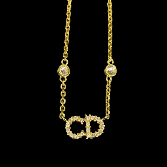 DIOR CD Logo Rhinestone Pearl Necklace, Gold-tone Metal Fittings, Gold Alloy, Comes with Original Box, No Engraving