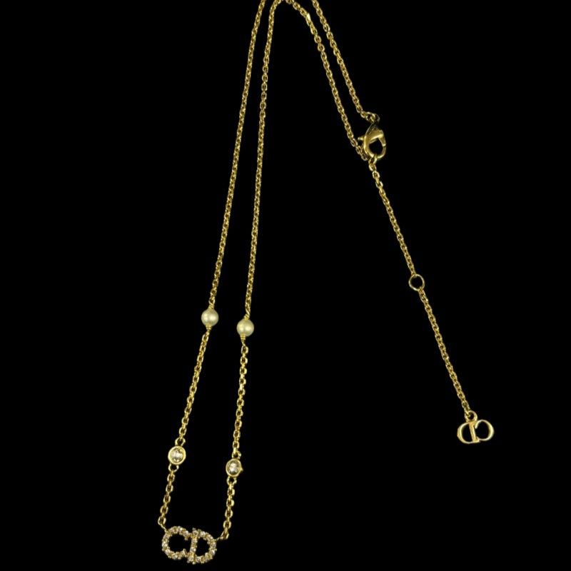 DIOR CD Logo Rhinestone Pearl Necklace, Gold-tone Metal Fittings, Gold Alloy, Comes with Original Box, No Engraving