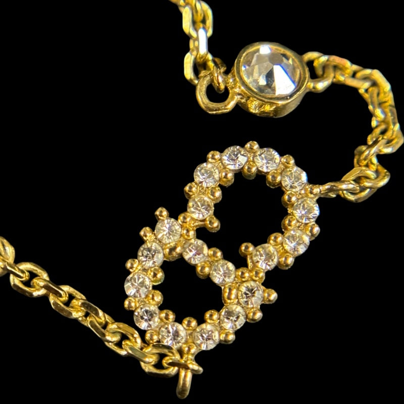 DIOR CD Logo Rhinestone Pearl Necklace, Gold-tone Metal Fittings, Gold Alloy, Comes with Original Box, No Engraving