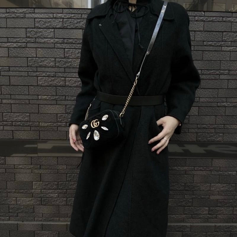 GUCCI GG Marmont Chain Shoulder Bag, Black Suede, Crystal Embellished, Gold Hardware, with Dust Bag