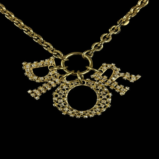DIOR Logo Rhinestone Necklace, Gold-tone Metal Fittings, Gold Alloy, Comes with Original Box
