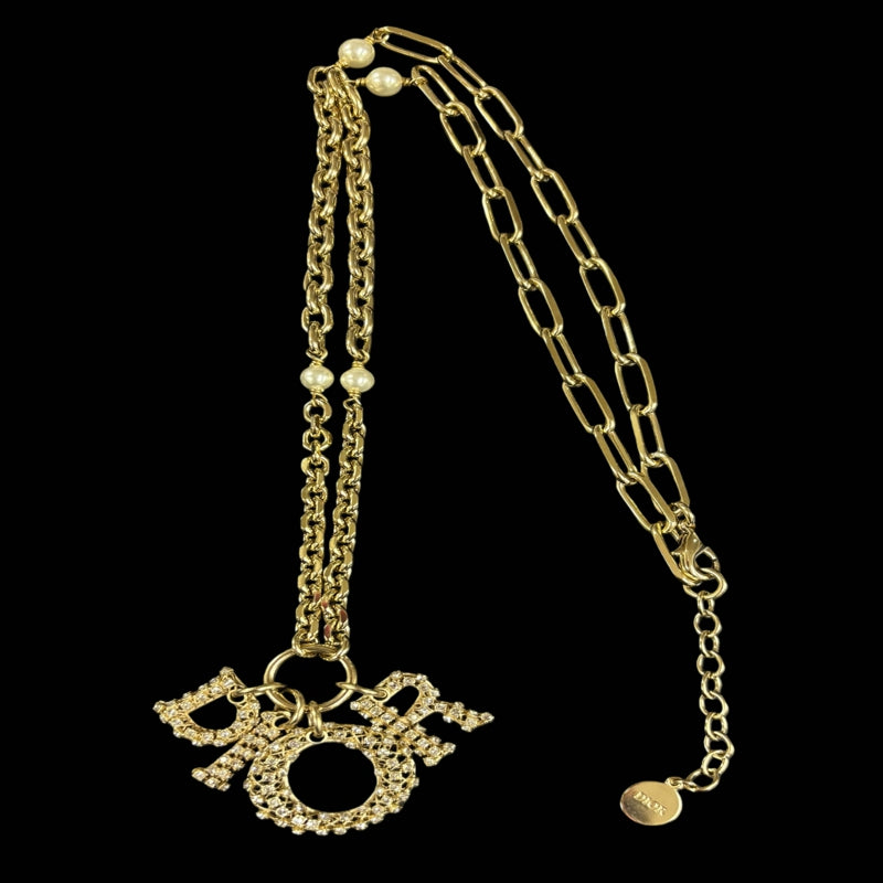 DIOR Logo Rhinestone Necklace, Gold-tone Metal Fittings, Gold Alloy, Comes with Original Box