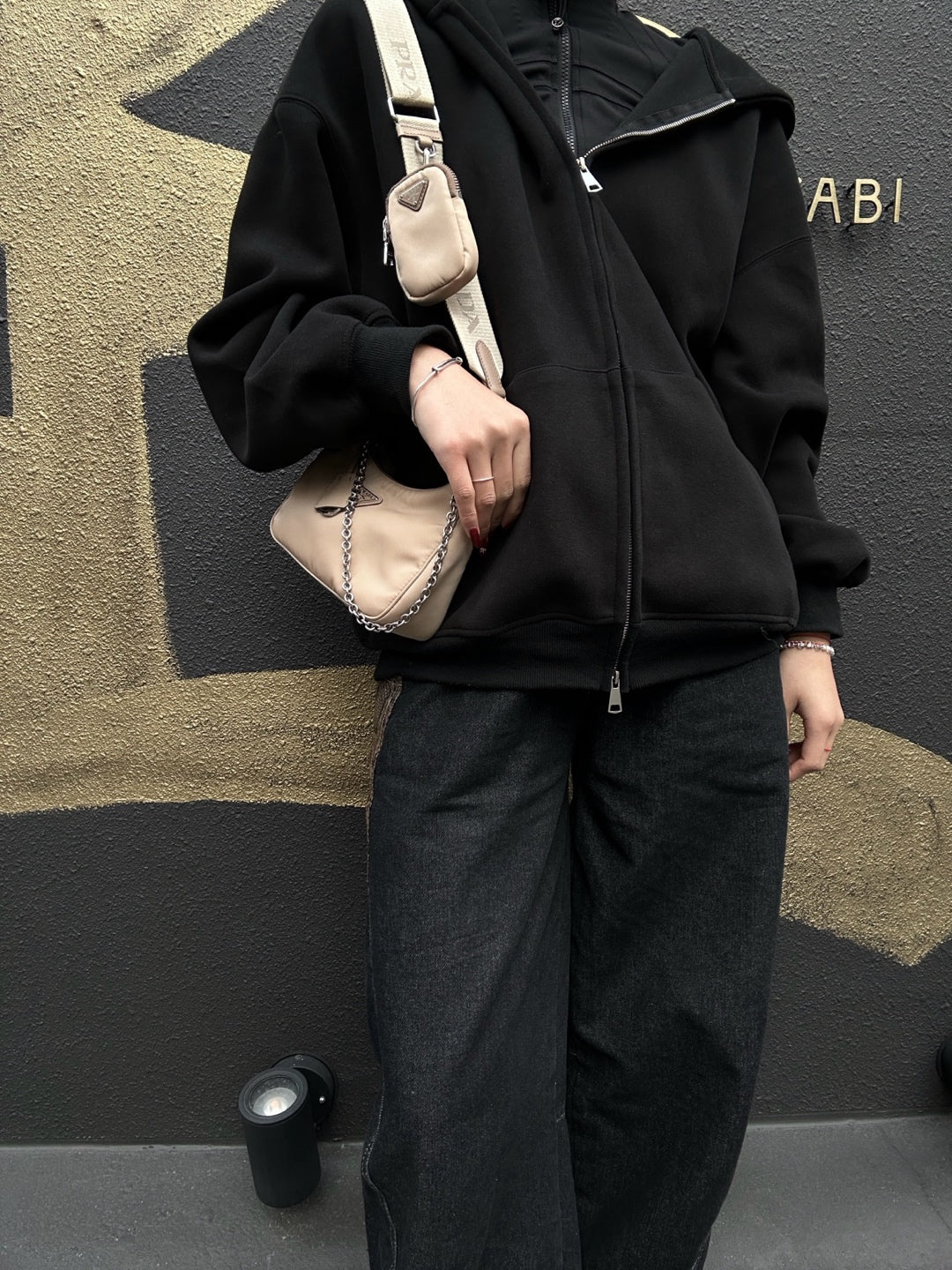 PRADA Handbag, Nylon, Beige with Silver Hardware, Detachable Shoulder Strap Included, Pouch Included, Dust Bag Included